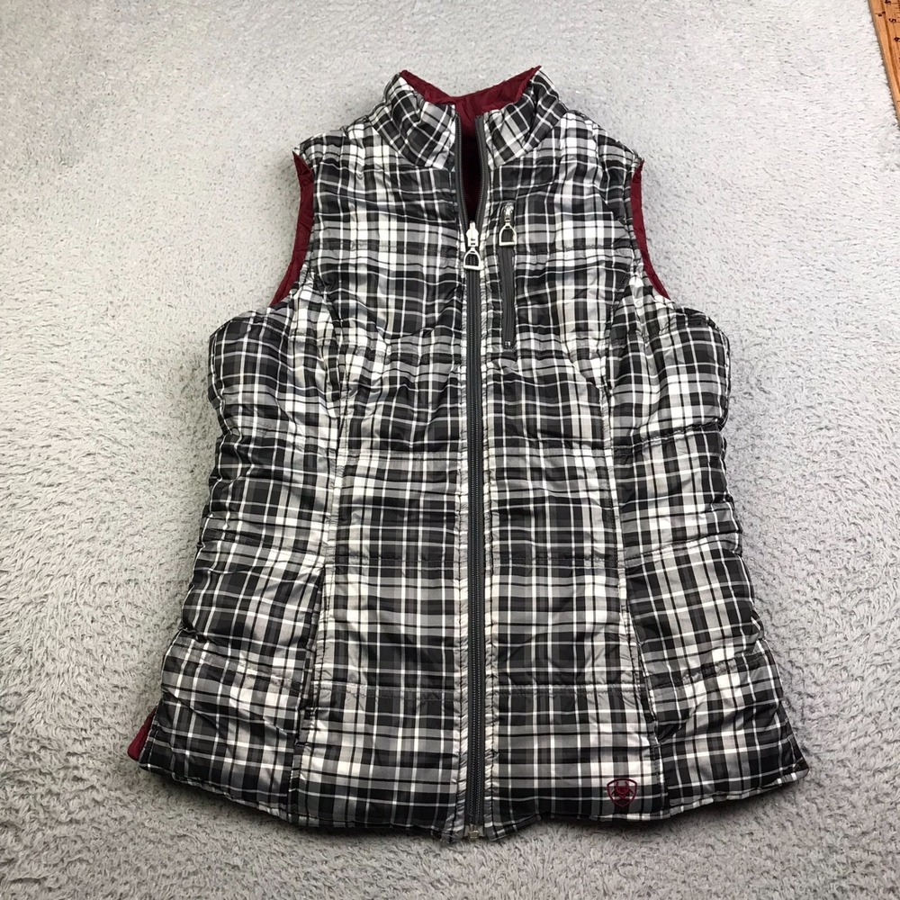 Ariat‎ Vest Womens M Black Plaid/Red Reversible Insulated Puffer Cowgirl Rodeo